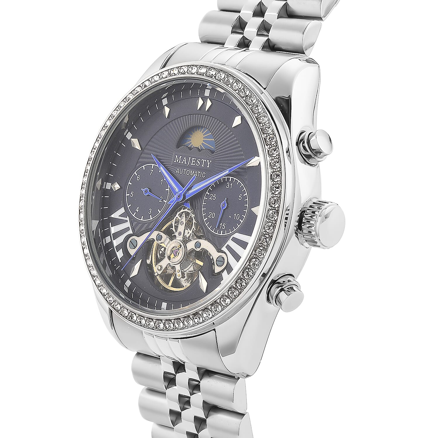 MAJESTY Triumph Multifunctional Automatic Movement Crystal Studded 3ATM Day and night element Stainless steel Strap Watch