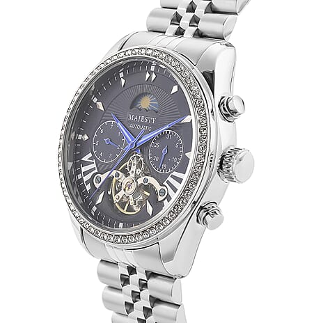 MAJESTY Multifunctional Automatic 3ATM WR Blue Literal Dial & Silver Crystal Case Mens Watch with Silver Stainless Steel Strap 0.01 Ct.