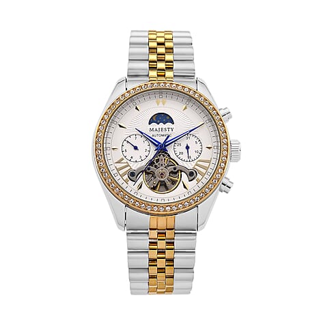 MAJESTY Multifunctional Automatic 3ATM WR White Literal Dial & Two-Tone Silver-Gold Crystal Case Mens Watch with Two-Tone Stainless Steel Strap