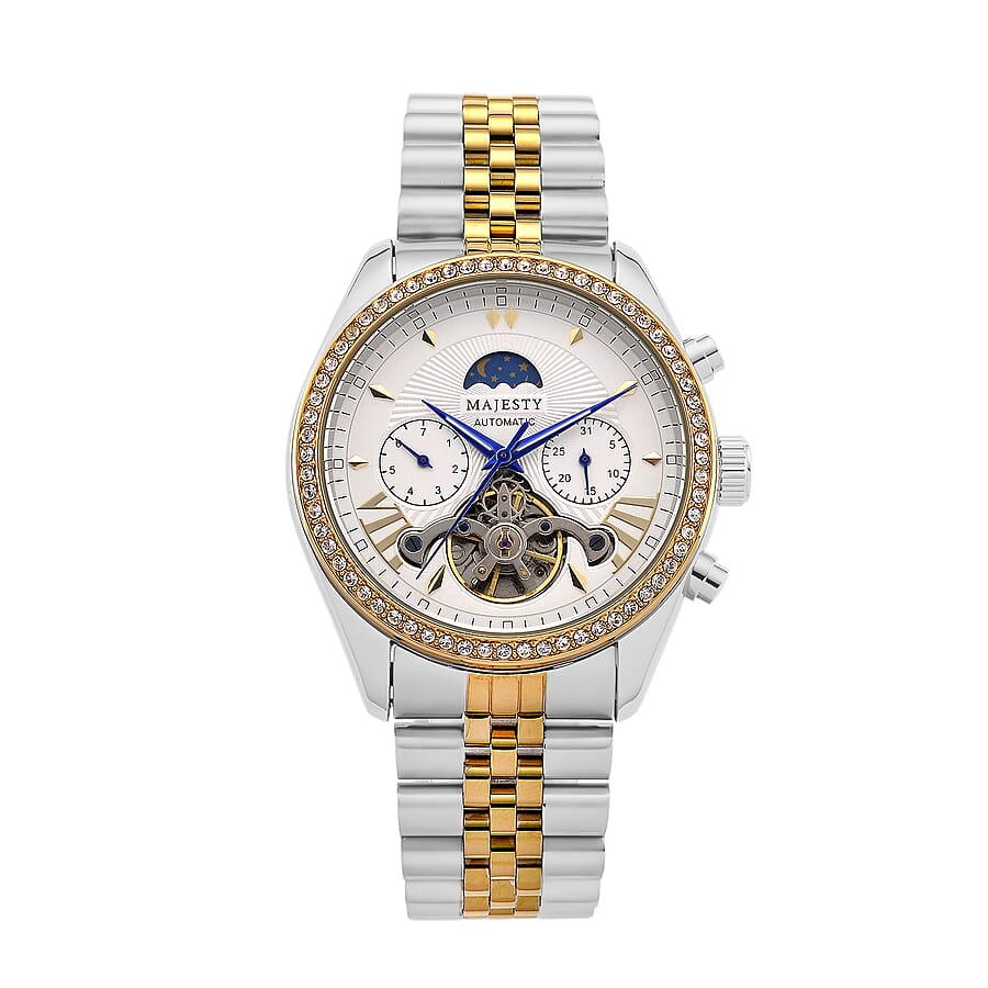 MAJESTY Multifunctional Automatic 3ATM WR White Literal Dial & Two-Tone Silver/Gold Crystal Case Mens Watch with Two-Tone Stainless Steel Strap