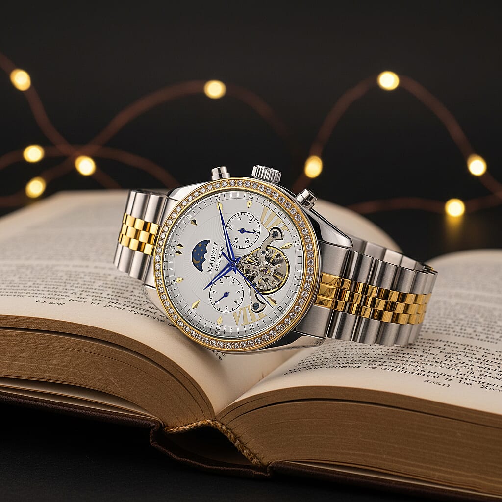 MAJESTY Triumph Multifunctional Automatic Movement Crystal Studded 3ATM Moon Phase Two Tone Strap Watch - gold