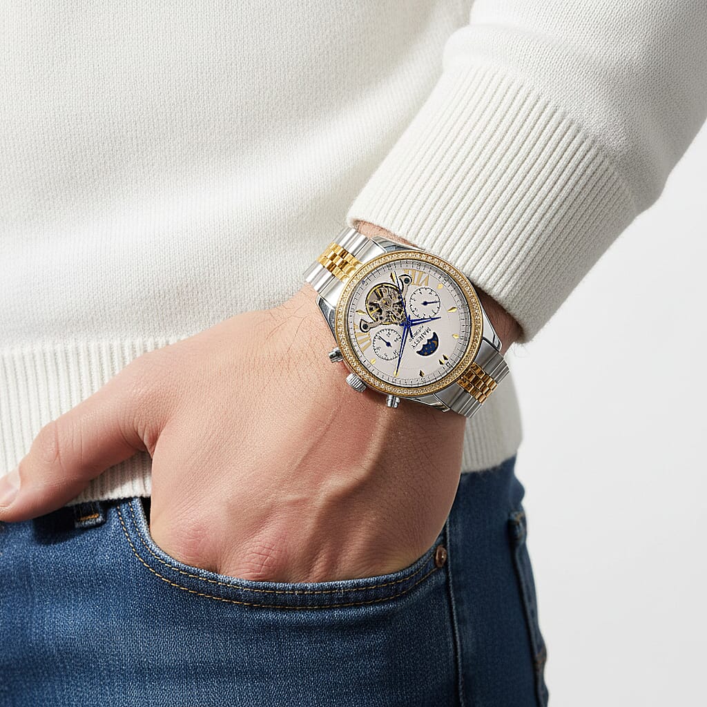 MAJESTY Triumph Multifunctional Automatic Movement Crystal Studded 3ATM Moon Phase Two Tone Strap Watch - gold