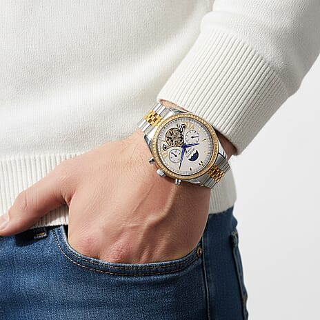 MAJESTY Multifunctional Automatic 3ATM WR White Literal Dial & Two-Tone Silver-Gold Crystal Case Mens Watch with Two-Tone Stainless Steel Strap