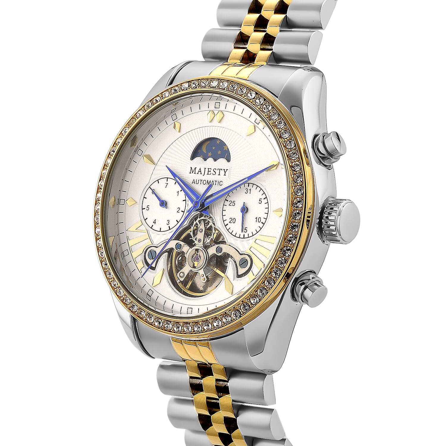 MAJESTY Triumph Multifunctional Automatic Movement Crystal Studded 3ATM Moon Phase Two Tone Strap Watch - gold