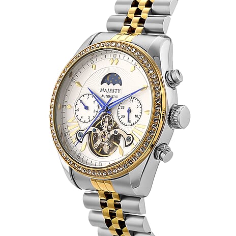 MAJESTY Multifunctional Automatic 3ATM WR White Literal Dial & Two-Tone Silver-Gold Crystal Case Mens Watch with Two-Tone Stainless Steel Strap