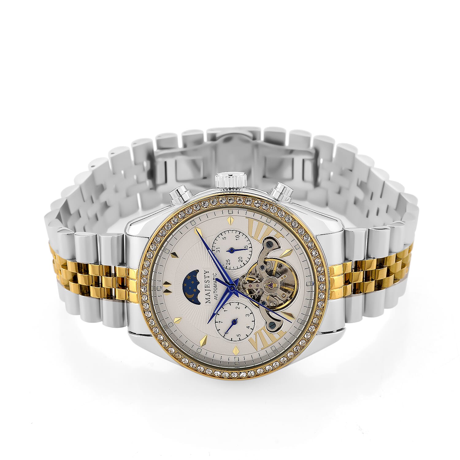 MAJESTY Triumph Multifunctional Automatic Movement Crystal Studded 3ATM Moon Phase Two Tone Strap Watch - gold
