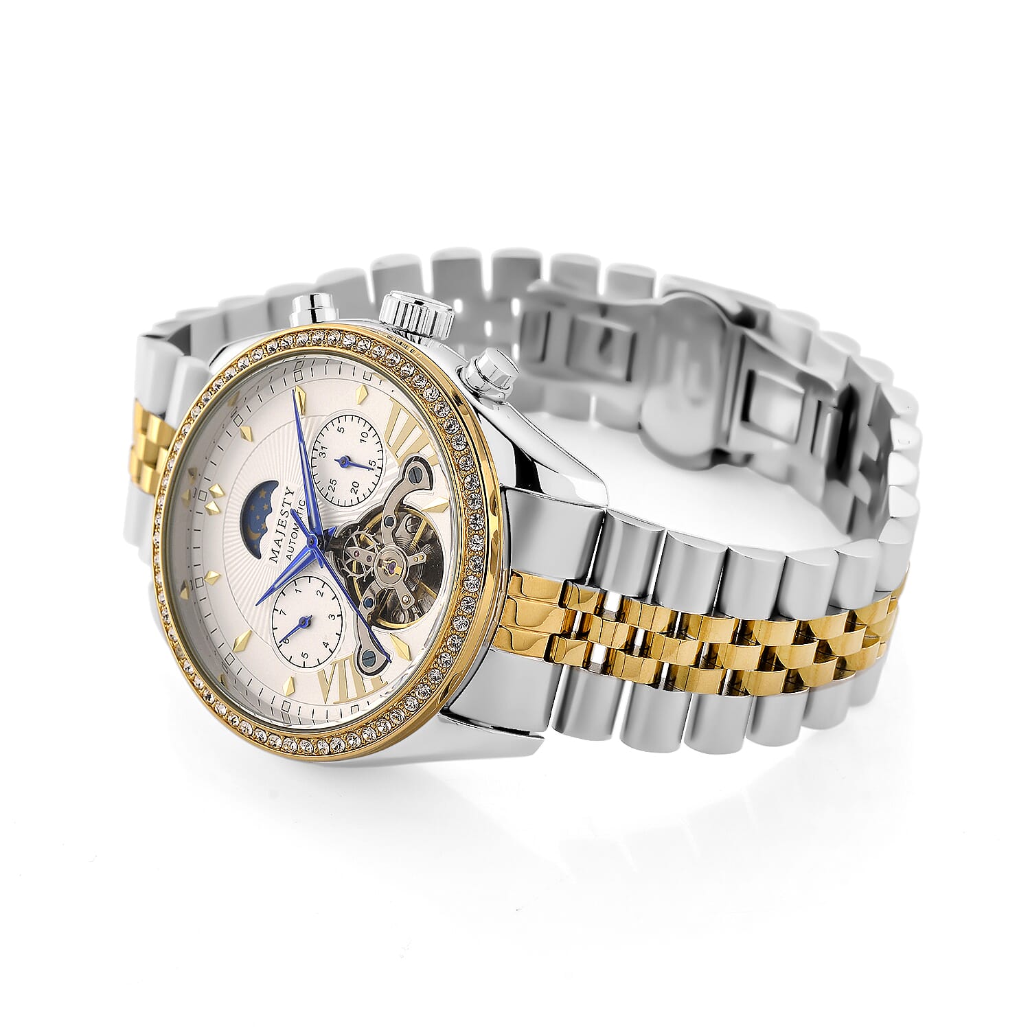 MAJESTY Triumph Multifunctional Automatic Movement Crystal Studded 3ATM Moon Phase Two Tone Strap Watch - gold