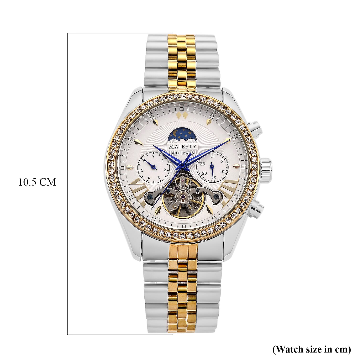 MAJESTY Triumph Multifunctional Automatic Movement Crystal Studded 3ATM Moon Phase Two Tone Strap Watch - gold