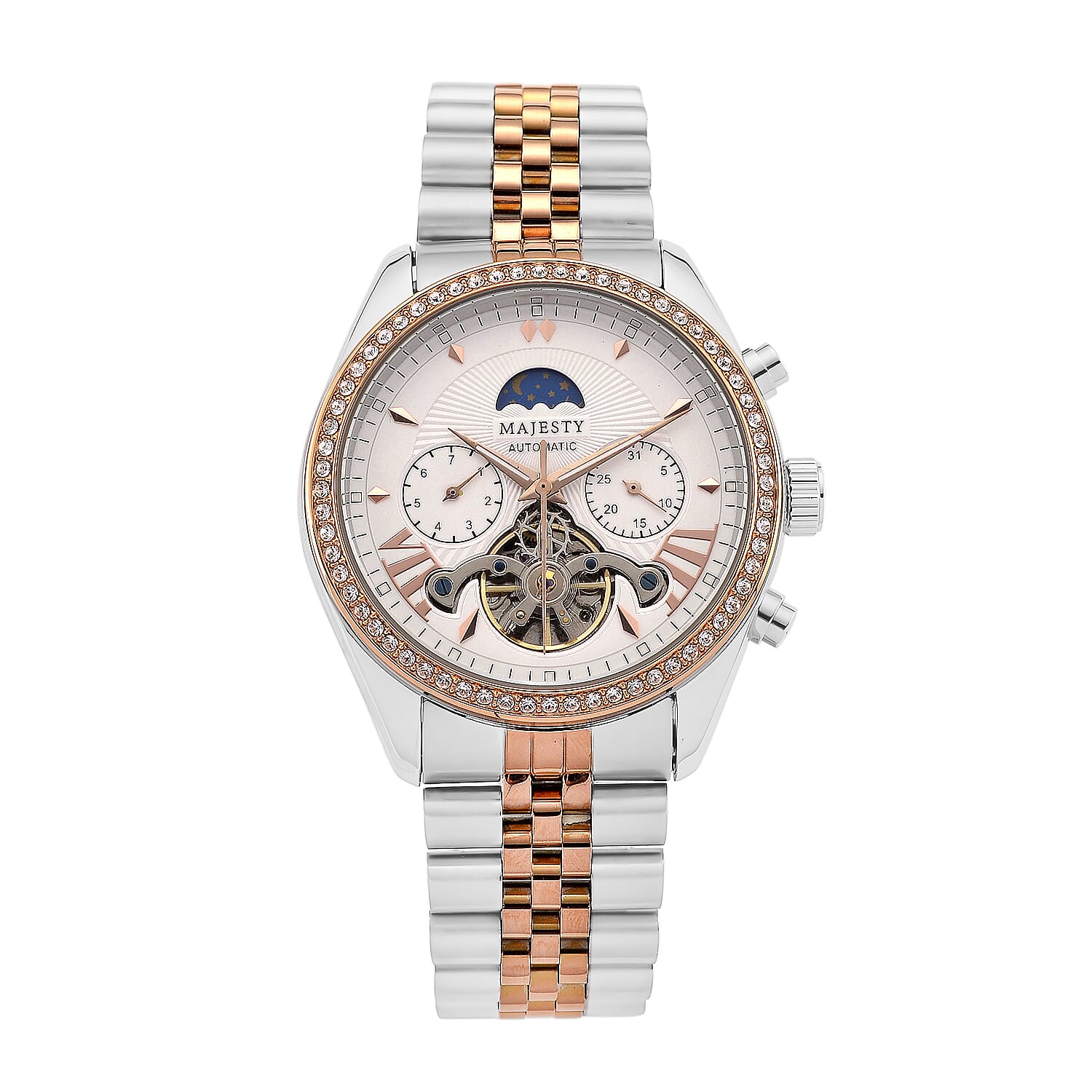 MAJESTY Multifunctional Automatic 3ATM WR White Literal Dial & Two-Tone Silver-Rose Gold Crystal Case Mens Watch with Two-Tone Stainless Steel Strap 0.01 Ct.