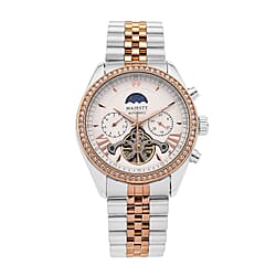 MAJESTY Multifunctional Automatic 3ATM WR White Literal Dial & Two-Tone Silver/Rose Gold Crystal Case Mens Watch with Two-Tone Stainless Steel Strap 0.01 Ct.