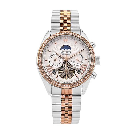 MAJESTY Multifunctional Automatic 3ATM WR White Literal Dial & Two-Tone Silver-Rose Gold Crystal Case Mens Watch with Two-Tone Stainless Steel Strap 0.01 Ct.