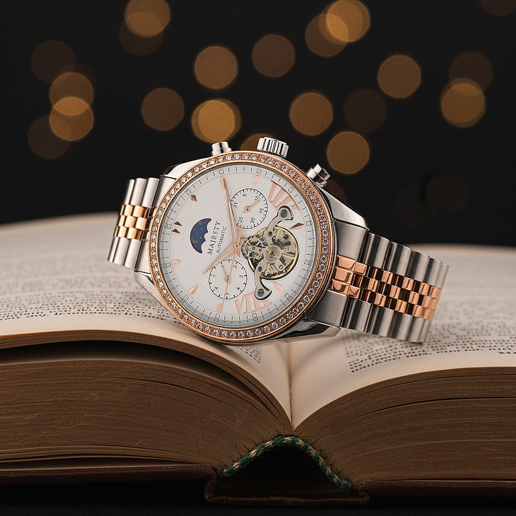 MAJESTY Multifunctional Automatic 3ATM WR White Literal Dial & Two-Tone Silver-Rose Gold Crystal Case Mens Watch with Two-Tone Stainless Steel Strap 0.01 Ct.