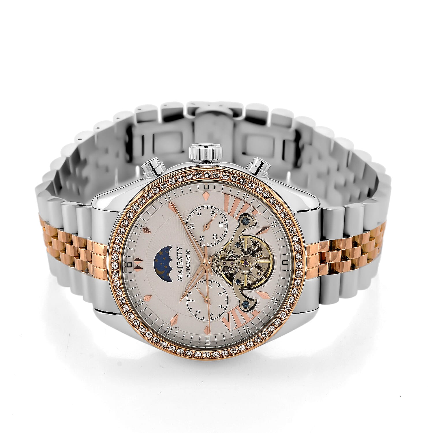 MAJESTY Multifunctional Automatic 3ATM WR White Literal Dial & Two-Tone Silver-Rose Gold Crystal Case Mens Watch with Two-Tone Stainless Steel Strap 0.01 Ct.