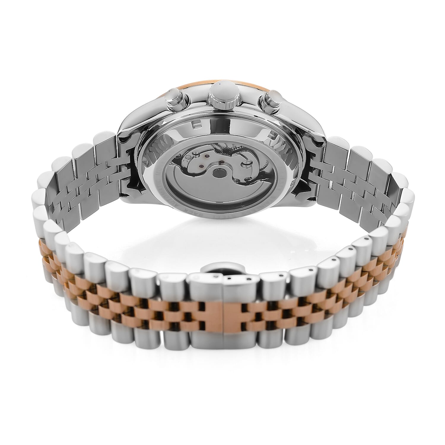 MAJESTY Multifunctional Automatic 3ATM WR White Literal Dial & Two-Tone Silver-Rose Gold Crystal Case Mens Watch with Two-Tone Stainless Steel Strap 0.01 Ct.