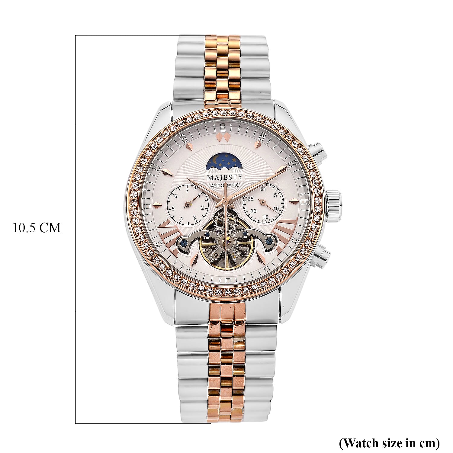 MAJESTY Multifunctional Automatic 3ATM WR White Literal Dial & Two-Tone Silver-Rose Gold Crystal Case Mens Watch with Two-Tone Stainless Steel Strap 0.01 Ct.