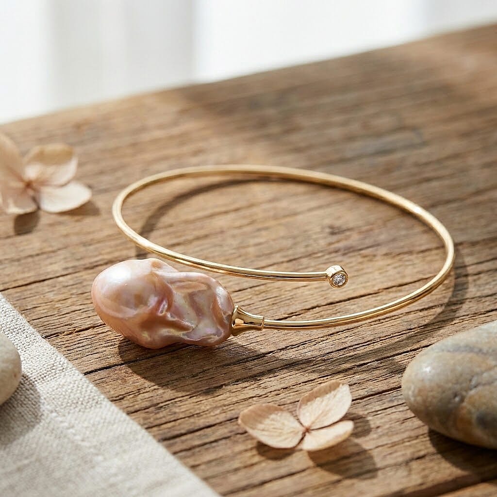 Designer Inspired-  AAA Baroque Pearl Bangle (Size - 7 to 9) in Sterling Silver.