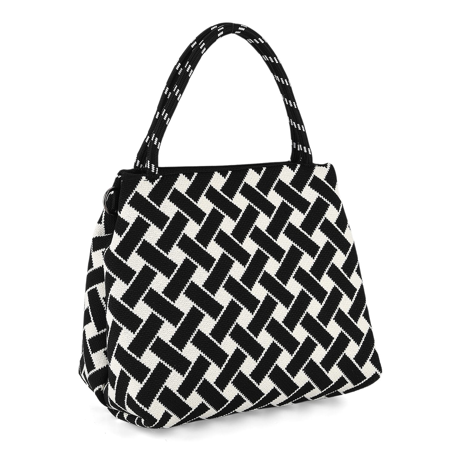 Geometric Woven Pattern Handbag with Shoulder Strap (130cm) - Black