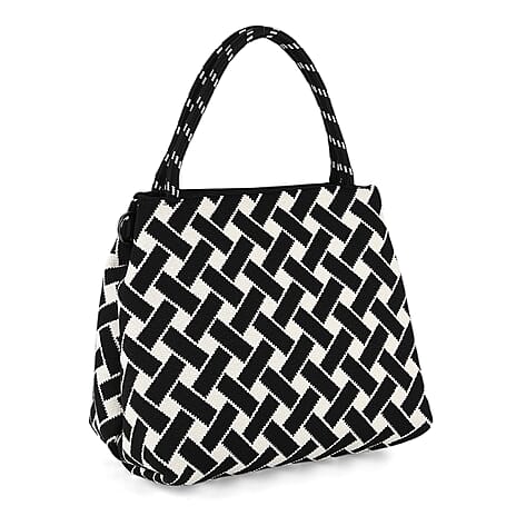 Geometric Woven Pattern Handbag with Shoulder Strap (130cm) - Black