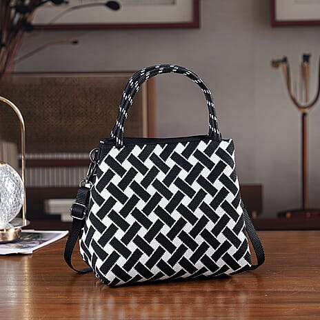 Geometric Woven Pattern Handbag with Shoulder Strap (130cm) - Black