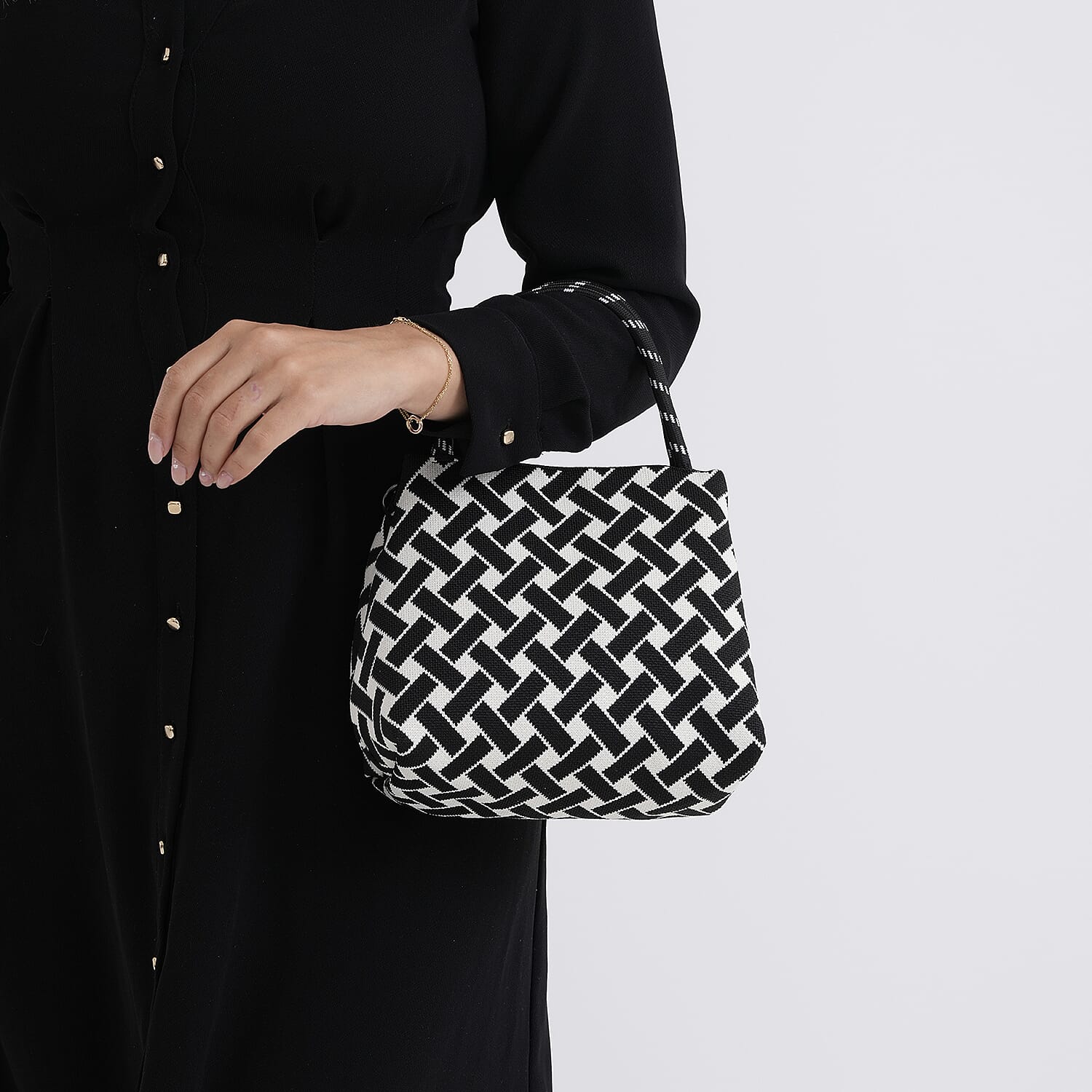 Geometric Woven Pattern Handbag with Shoulder Strap (130cm) - Black