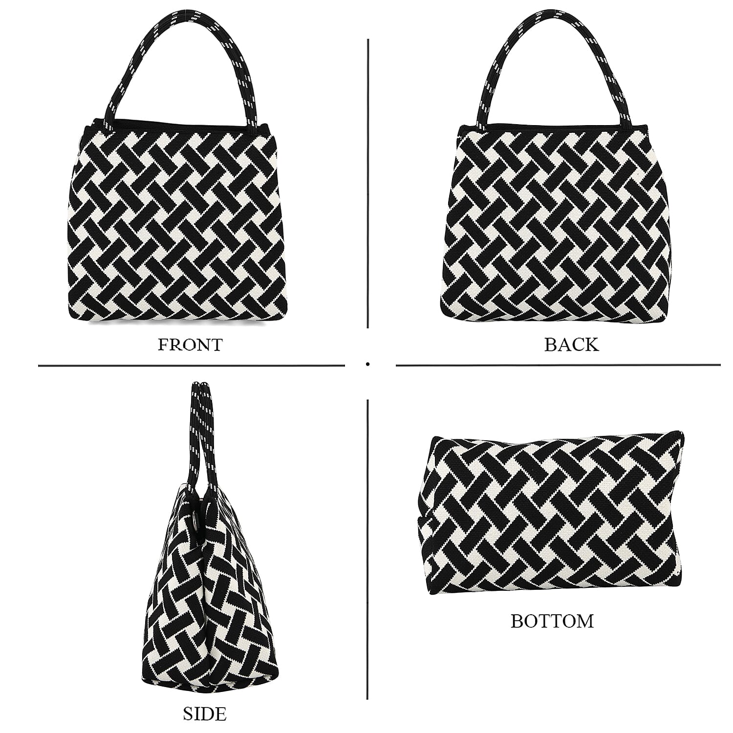 Geometric Woven Pattern Handbag with Shoulder Strap (130cm) - Black