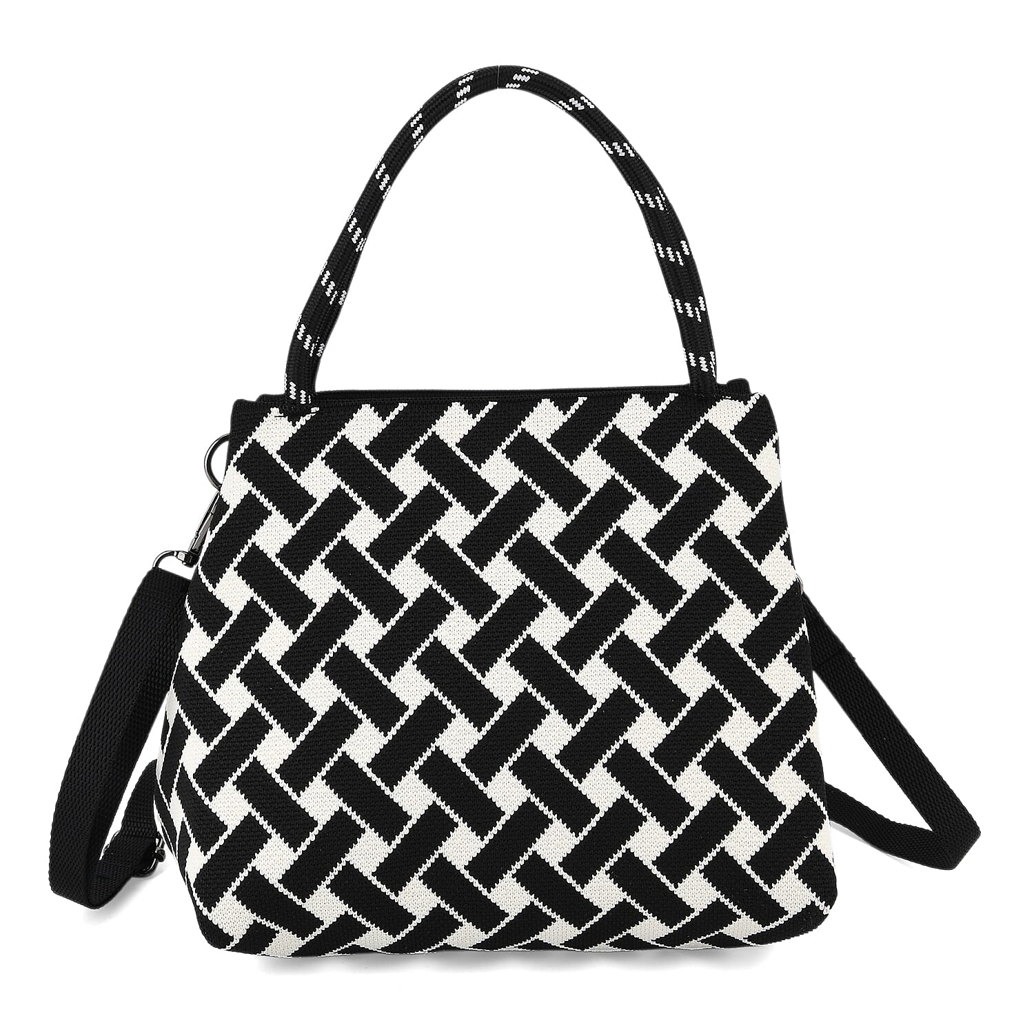Geometric Woven Pattern Handbag with Shoulder Strap (130cm) - Black