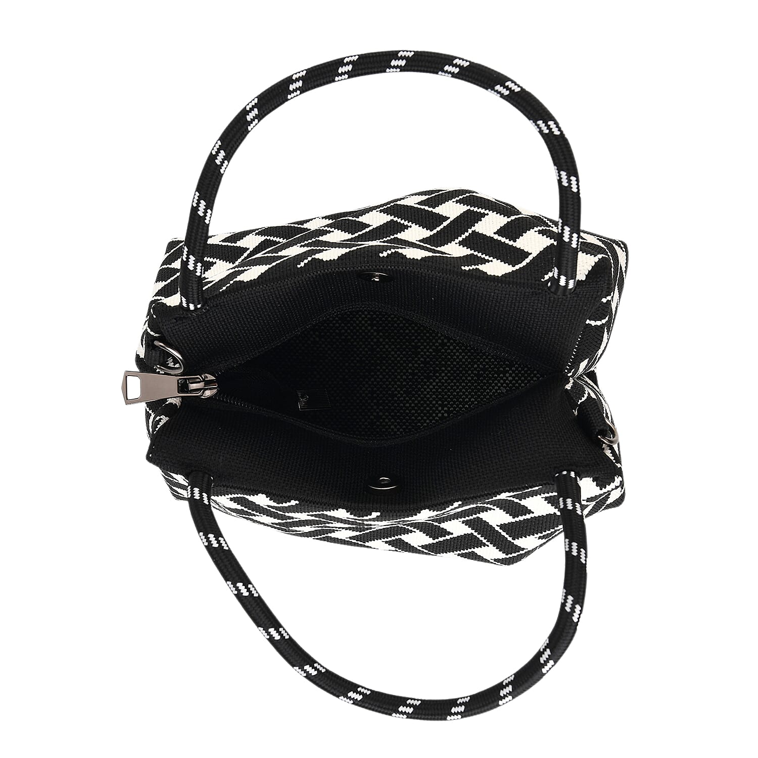 Geometric Woven Pattern Handbag with Shoulder Strap (130cm) - Black
