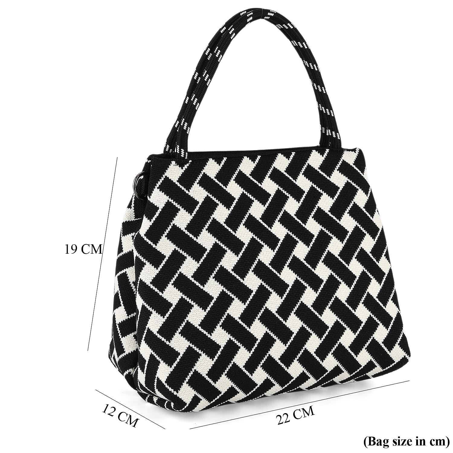 Geometric Woven Pattern Handbag with Shoulder Strap (130cm) - Black