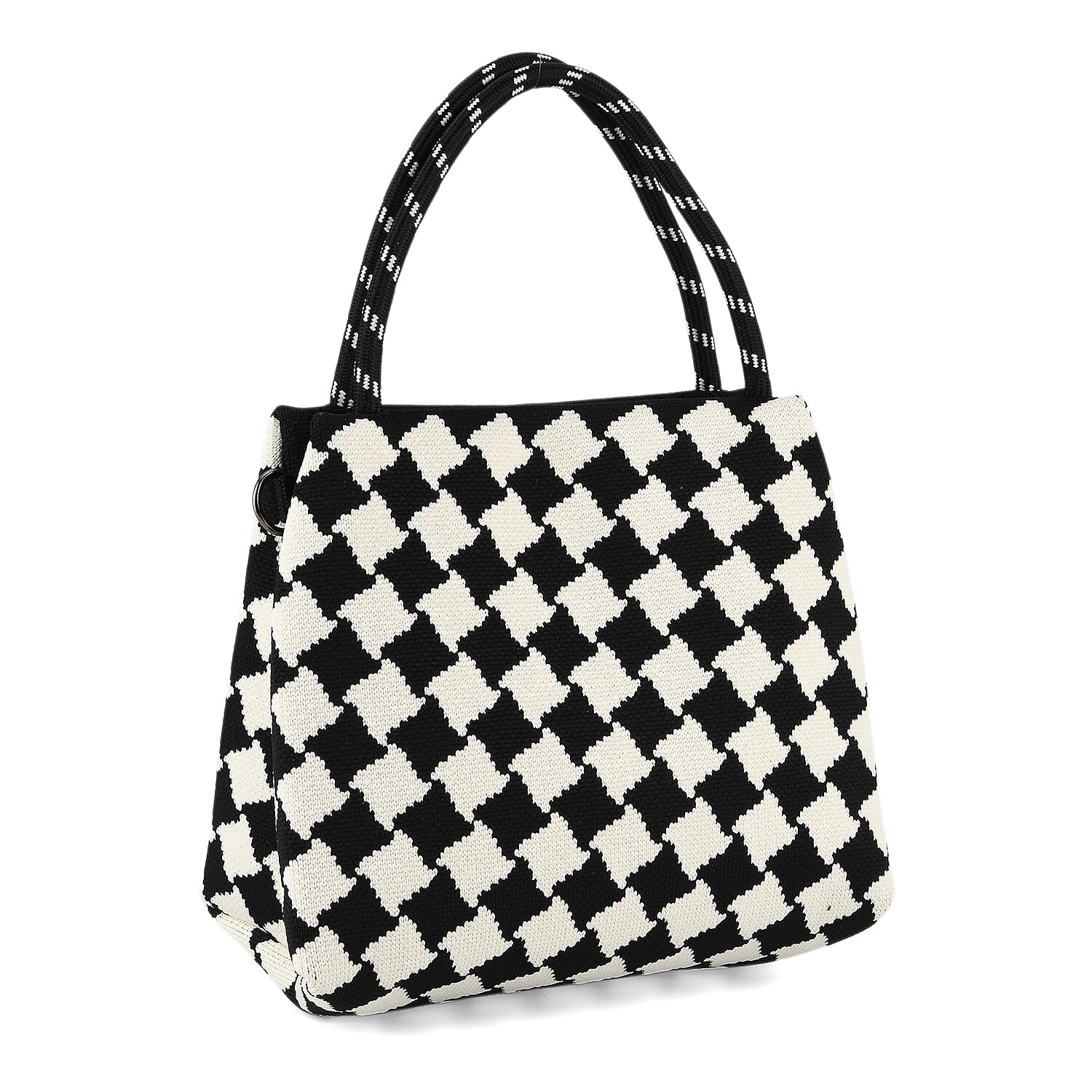 Checkerboard Pattern Handbag with Shoulder Strap (130cm) - Black & White