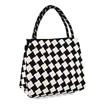 Checkerboard Pattern Handbag with Shoulder Strap (130cm) - Black & White