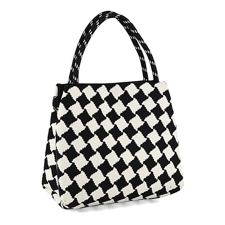 Checkerboard Pattern Handbag with Shoulder Strap (130cm) - Black & White