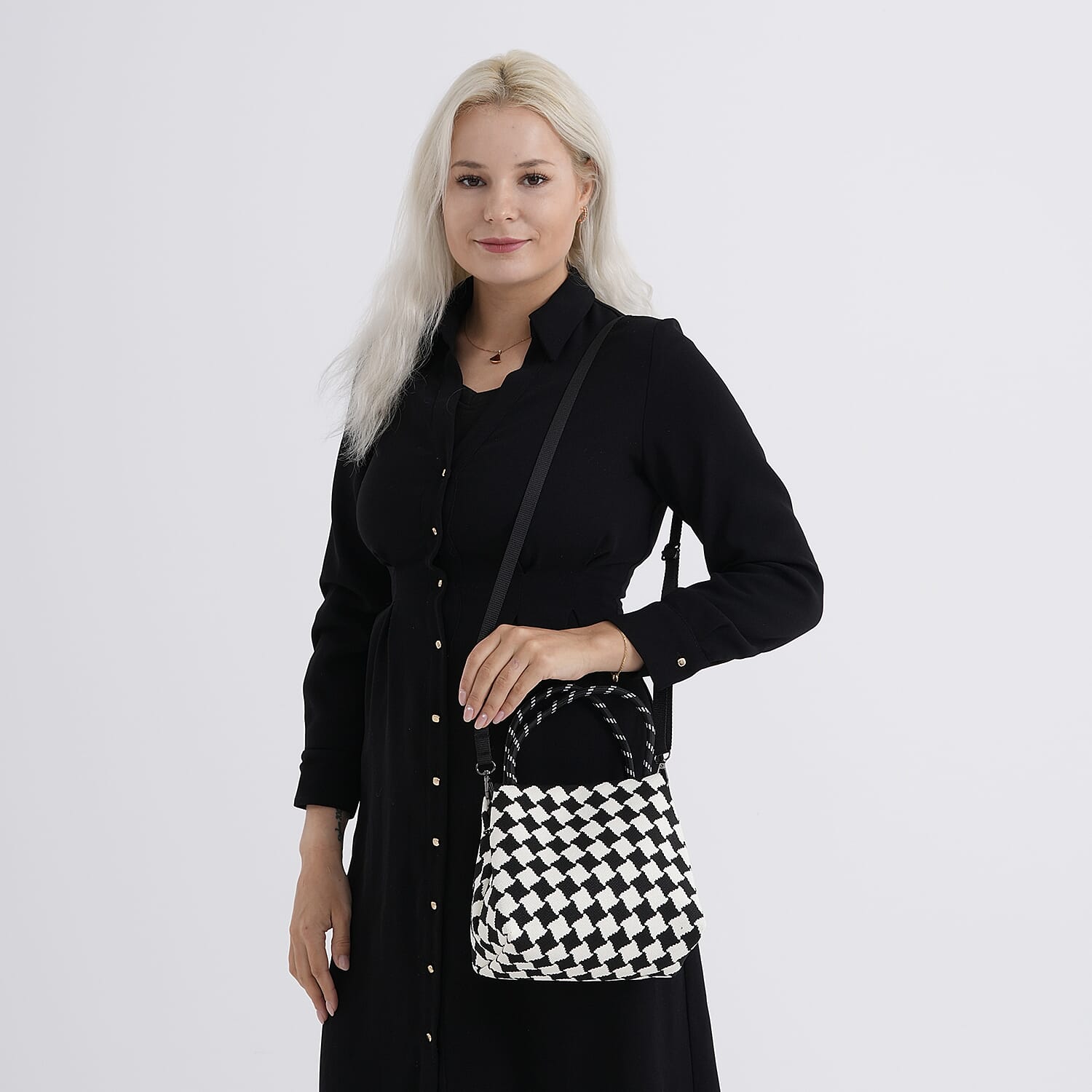 Checkerboard Pattern Handbag with Shoulder Strap (130cm) - Black & White