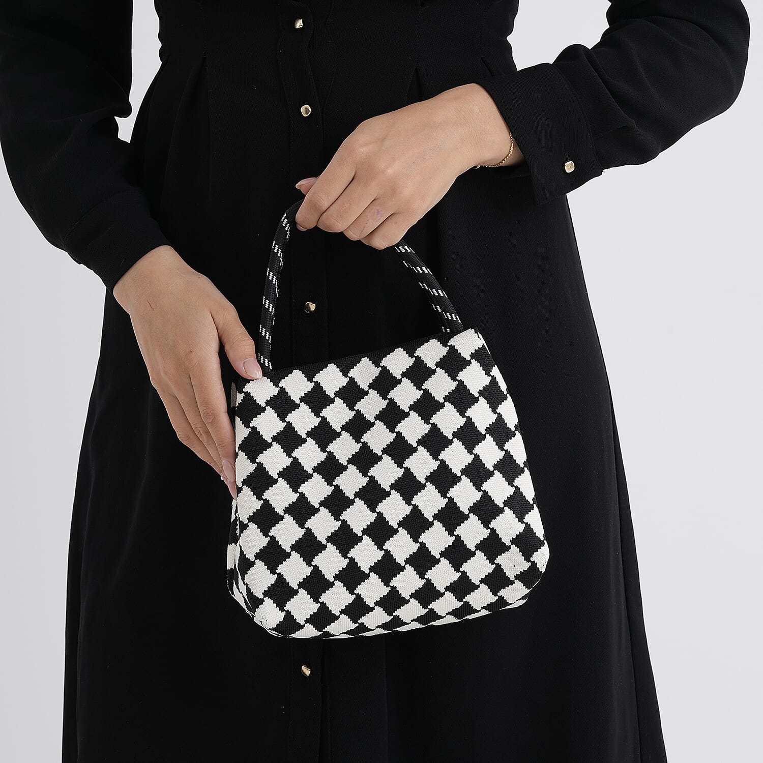Checkerboard Pattern Handbag with Shoulder Strap (130cm) - Black & White