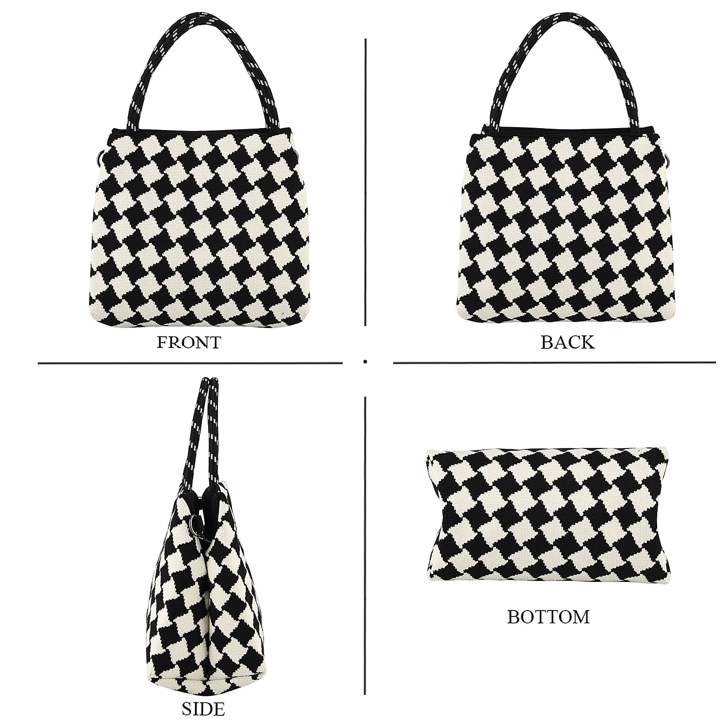 Checkerboard Pattern Handbag with Shoulder Strap (130cm) - Black & White