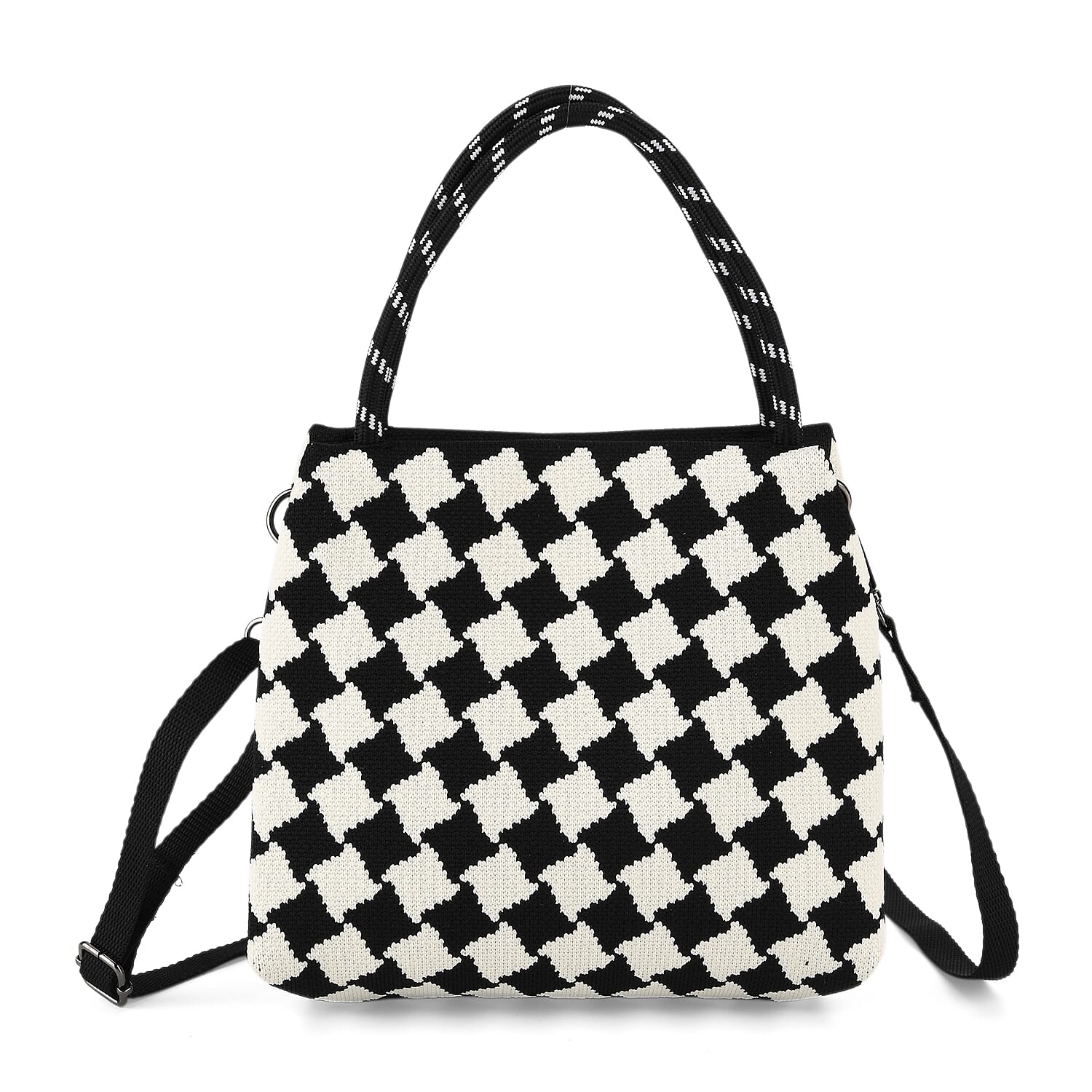 Checkerboard Pattern Handbag with Shoulder Strap (130cm) - Black & White