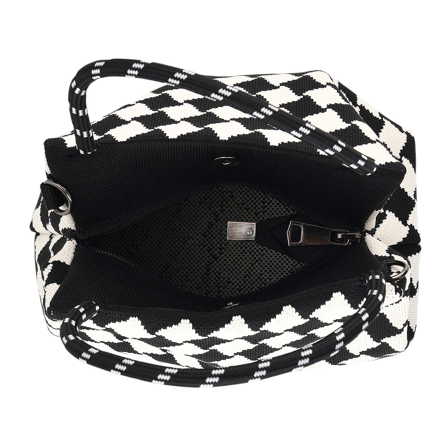 Checkerboard Pattern Handbag with Shoulder Strap (130cm) - Black & White