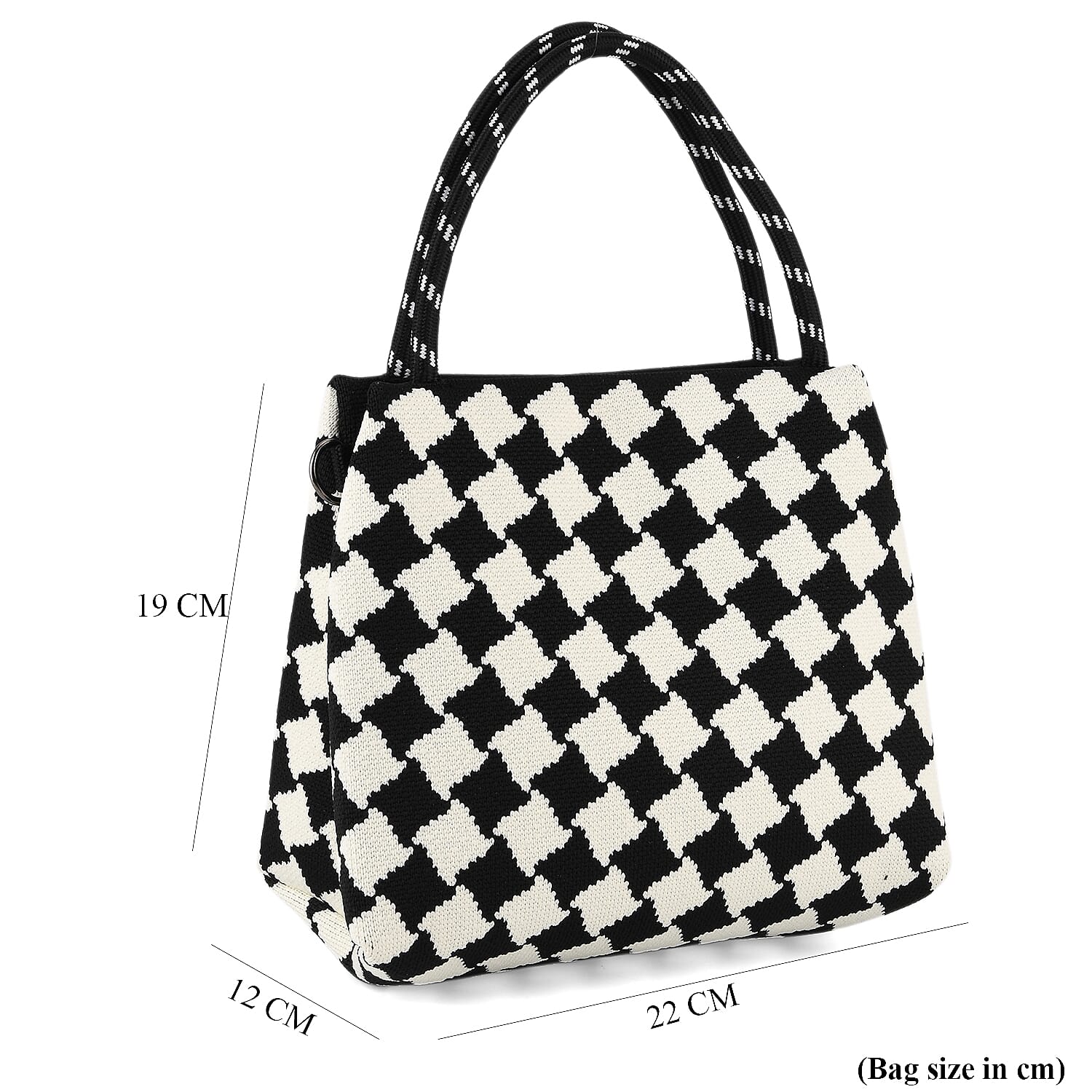Checkerboard Pattern Handbag with Shoulder Strap (130cm) - Black & White