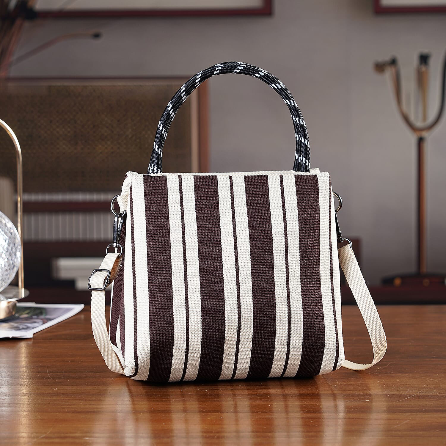 Striped Pattern Handbag with Shoulder Strap (130cm) - Coffee & White