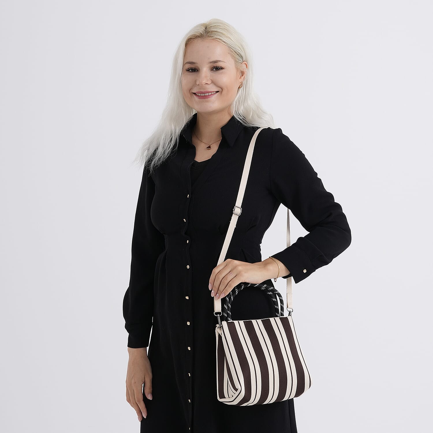 Striped Pattern Handbag with Shoulder Strap (130cm) - Coffee & White