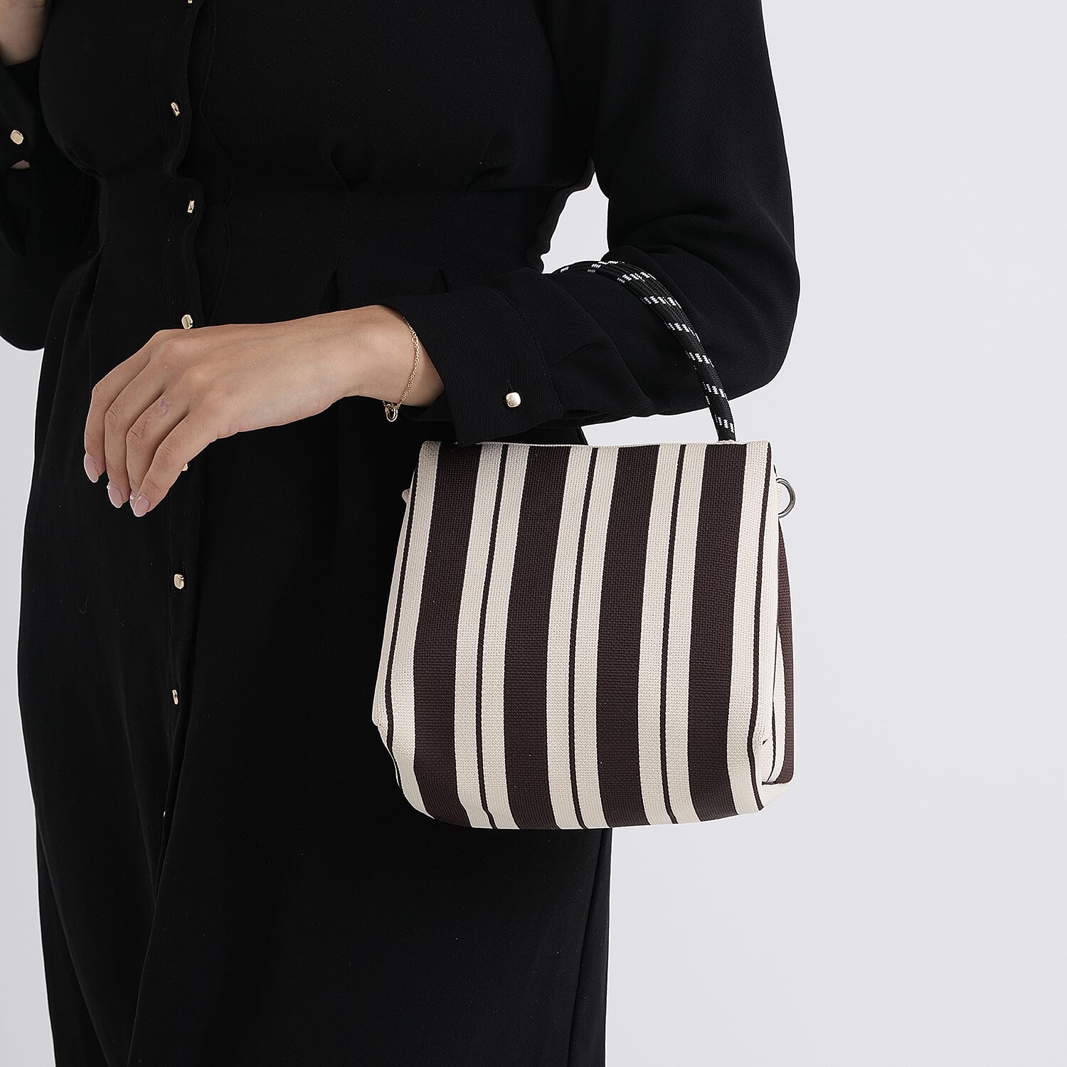 Striped Pattern Handbag with Shoulder Strap (130cm) - Coffee & White