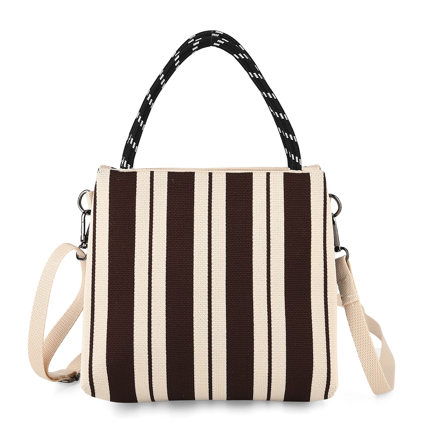 Striped Pattern Handbag with Shoulder Strap (130cm) - Coffee & White