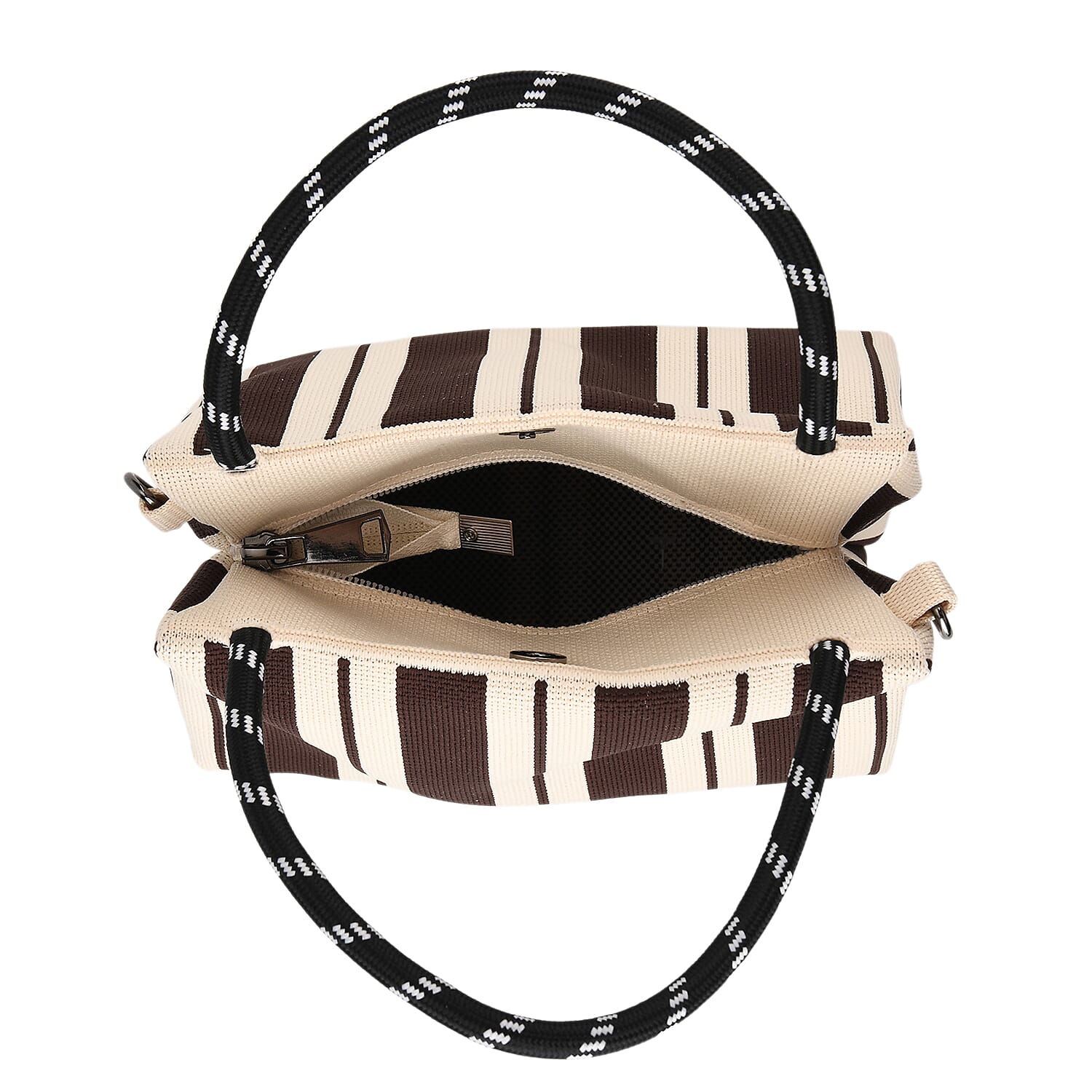 Striped Pattern Handbag with Shoulder Strap (130cm) - Coffee & White