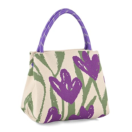 Flower Pattern Handbag with Shoulder Strap (130cm) - Beige & Purple