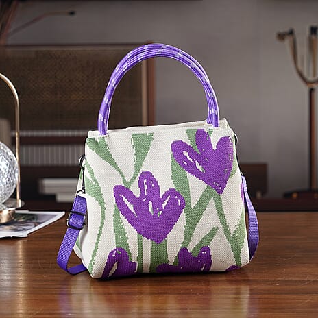 Flower Pattern Handbag with Shoulder Strap (130cm) - Beige & Purple
