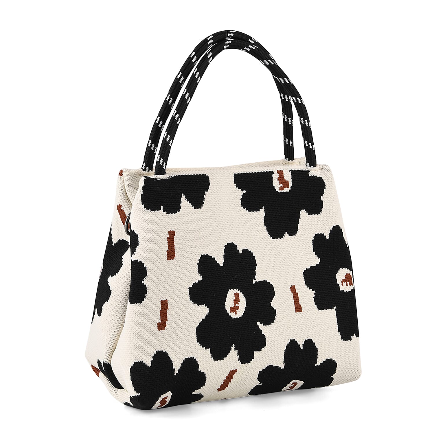 Flower Pattern Handbag with Shoulder Strap (130cm) - Beige & Black