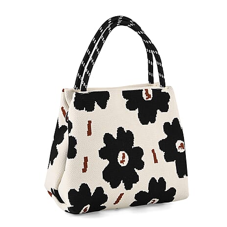 Flower Pattern Handbag with Shoulder Strap (130cm) - Beige & Black