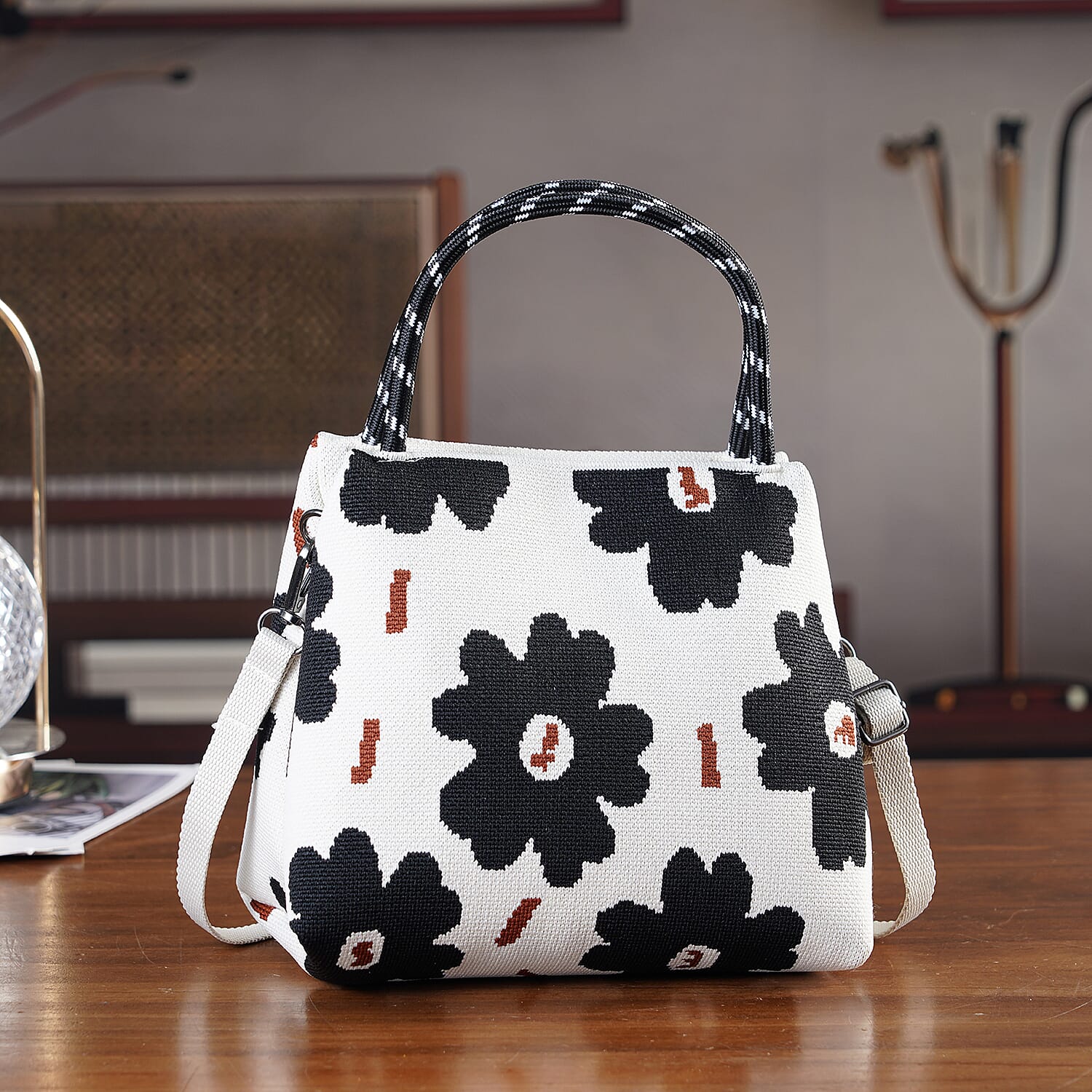 Flower Pattern Handbag with Shoulder Strap (130cm) - Beige & Black