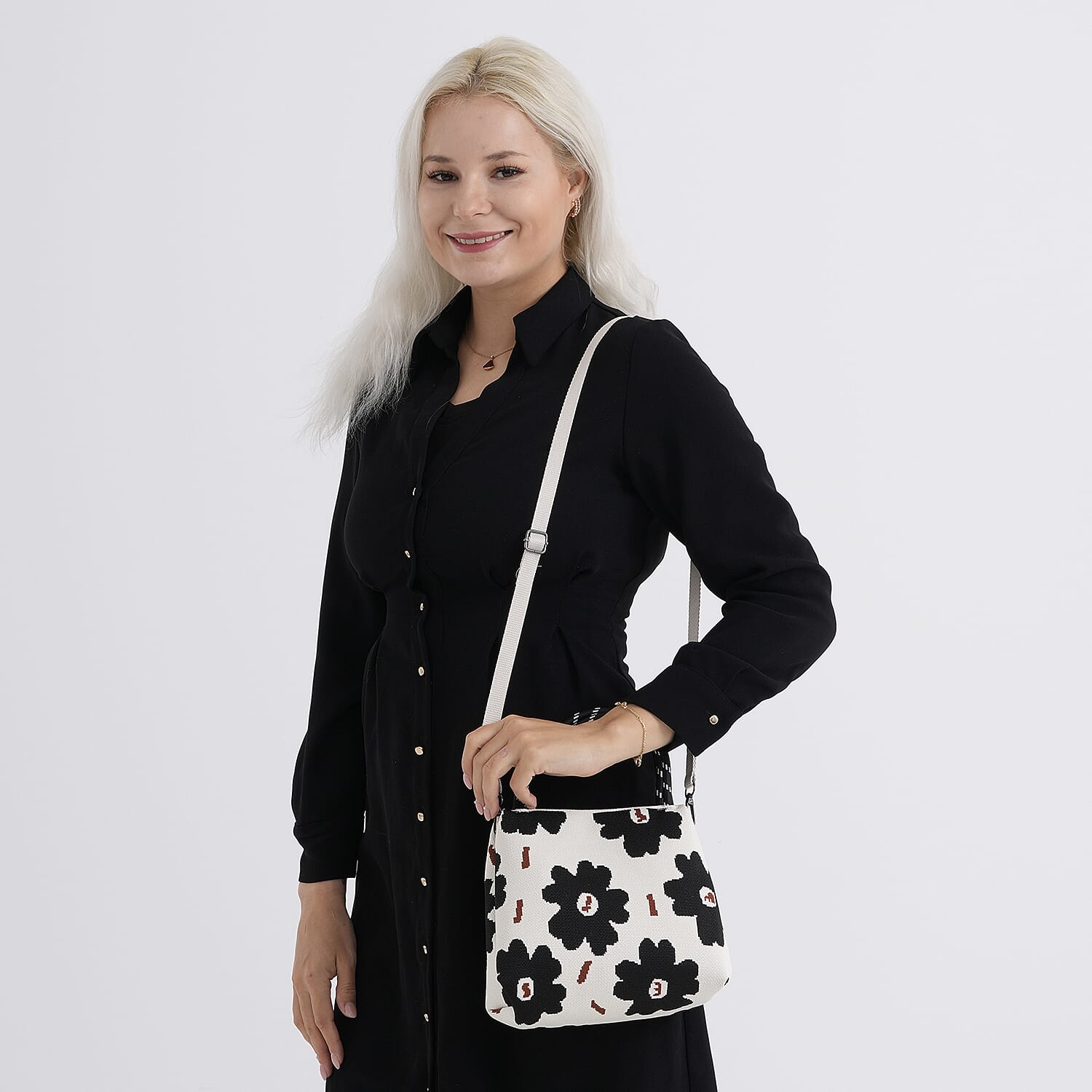 Flower Pattern Handbag with Shoulder Strap (130cm) - Beige & Black