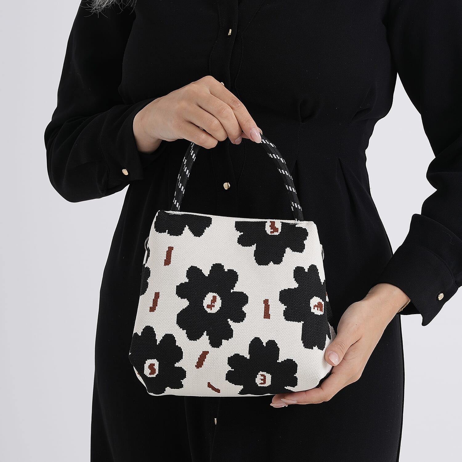 Flower Pattern Handbag with Shoulder Strap (130cm) - Beige & Black