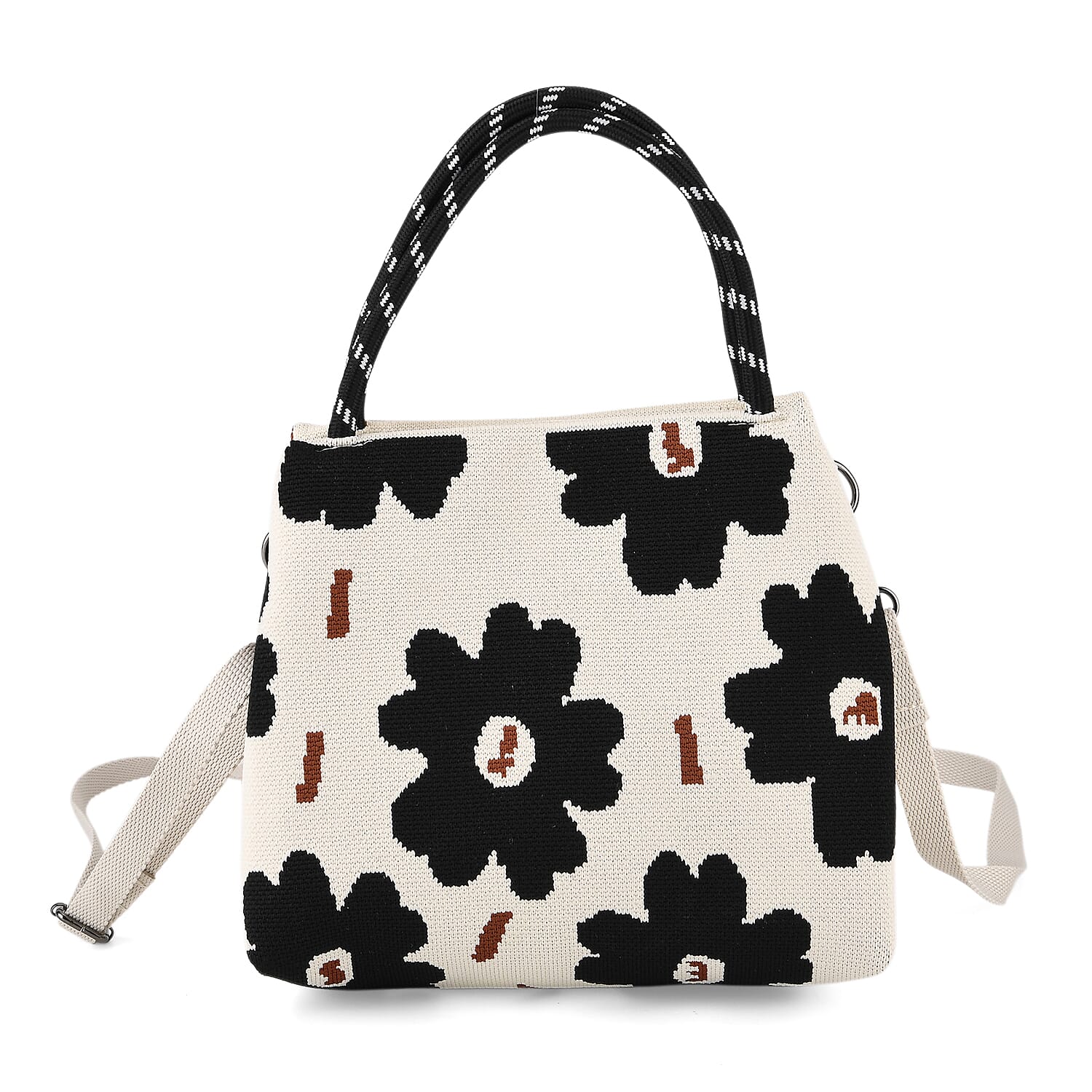 Flower Pattern Handbag with Shoulder Strap (130cm) - Beige & Black